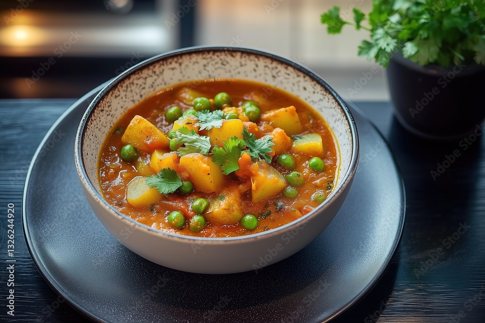 Indian Curry Aloo Matar in Tomato Gravy with Fresh Cilantro in a Modern Kitchen Setting Indian Curry Aloo Matar in Tomato Gravy with Fresh Cilantro in a Modern Kitchen Setting