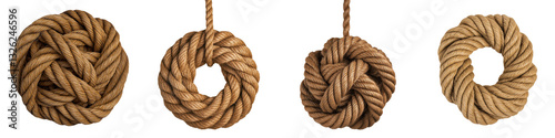 Decorative rope knots in various shapes and designs including circular spiral and abstract patterns  The natural rustic looking ropes create an organic handcrafted texture and background photo