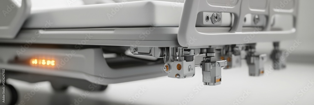 Close-up of hospital bed hydraulic adjustment system realistic mechanical parts and buttons Close-up of hospital bed hydraulic adjustment system realistic mechanical parts and buttons