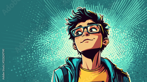 Confident young boy with glasses looking upward against bright turquoise background
