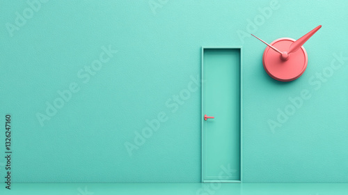 A red wooden door in a green room with a simple architectural design photo