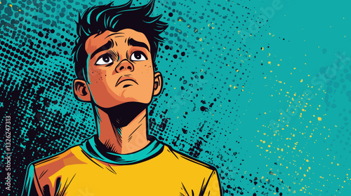 Thoughtful young boy gazing upward against bright turquoise background
