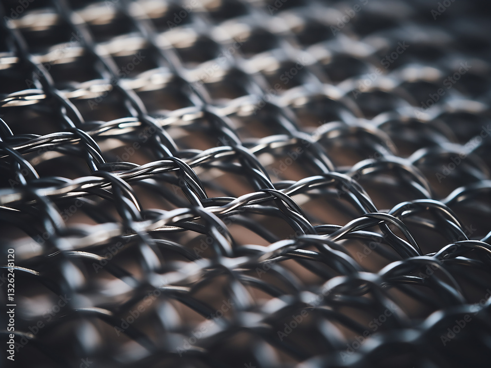 Obraz premium Woven metal wire grid forming an industrial screen with light filtering systematically through