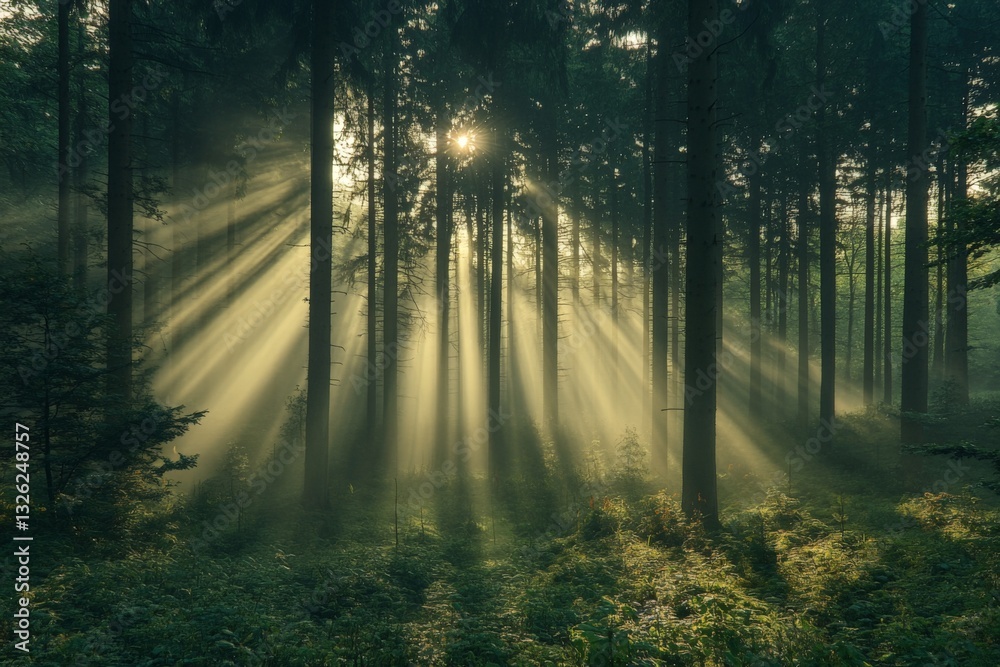 Obraz premium Sunlight filters through tall trees in a serene forest during early morning hours