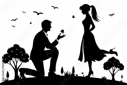 boyfriend proposing to his girlfriend line art silhouette vector illustration