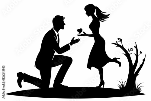 boyfriend proposing to his girlfriend line art silhouette vector illustration