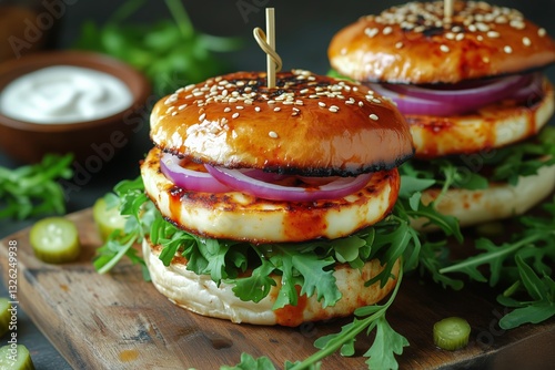Delicious Halloumi Burgers Topped With Onions and Greens Served on a Wooden B...