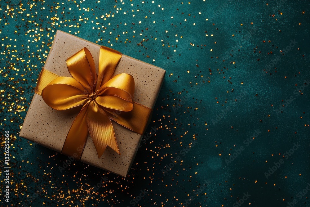 custom made wallpaper toronto digitalBrown gift box with gold ribbon on teal background sprinkled with gold glitter. Perfect for holiday, celebration, or present themes, evokes feelings of joy and festivity.