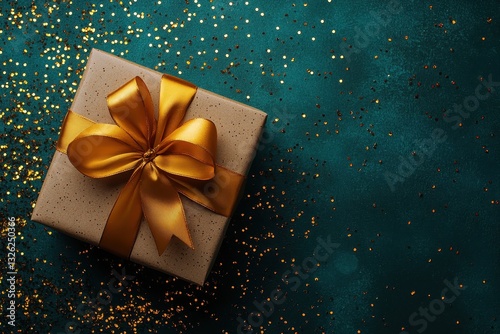 Wallpaper Mural Brown gift box with gold ribbon on teal background sprinkled with gold glitter. Perfect for holiday, celebration, or present themes, evokes feelings of joy and festivity. Torontodigital.ca