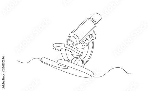 Continuous line single line of microscope science technology for biology research and laboratory microbiology. Sketch drawing editable stroke vector illustration