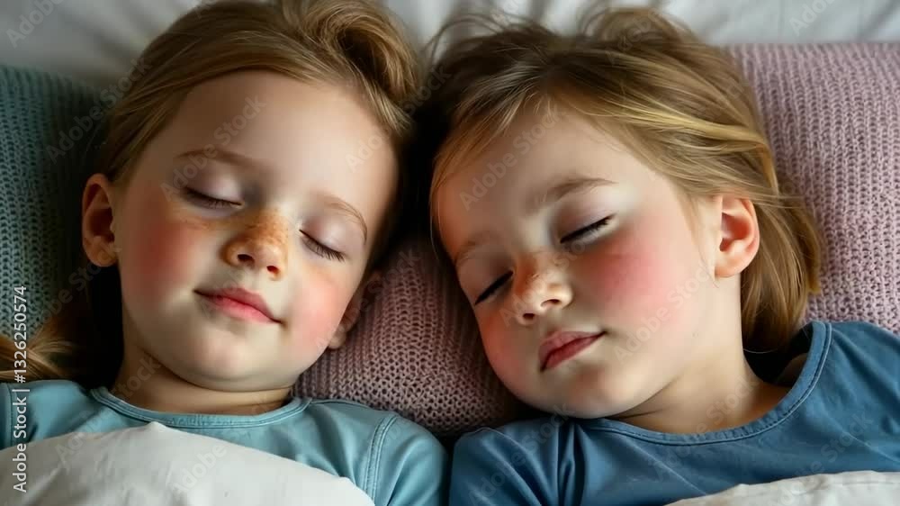 Peaceful children's nap: siblings share a cozy moment in a serene sleep Peaceful children's nap: siblings share a cozy moment in a serene sleep