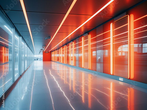 Arena corridors with service paths linking utility spaces and emergency lights operating