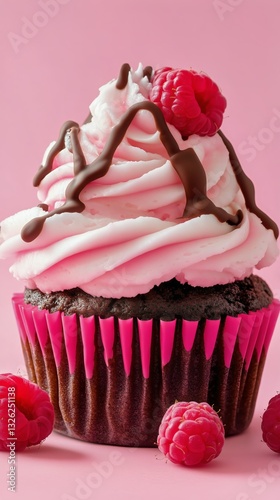 Delicious Raspberry Topped Cupcake With Vibrant Pink Frosting and Chocolate D...