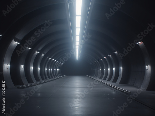 Arena tunnels linking service paths with concrete walls stretching and emergency lights guiding