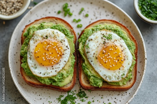 Delicious Avocado Toast Topped With Fried Eggs Served on a White Plate