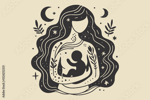 Minimalistic hand-drawn mother and baby with floral cosmic symbols