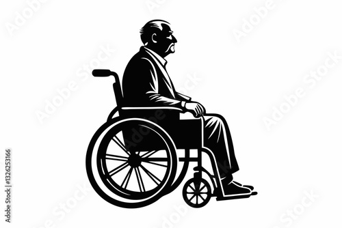 elderly man sitting in a wheelchair line art silhouette vector illustration