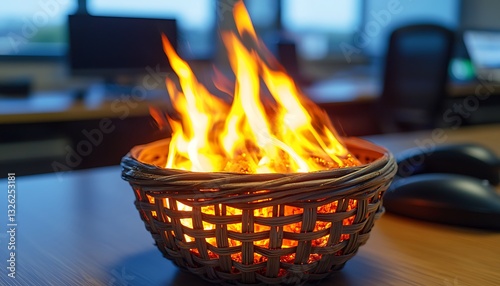 Office Fire: Papers Burning in Basket. photo