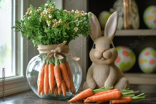 Spring Decoration With Fresh Carrots and a Bunny Figurine on a Table