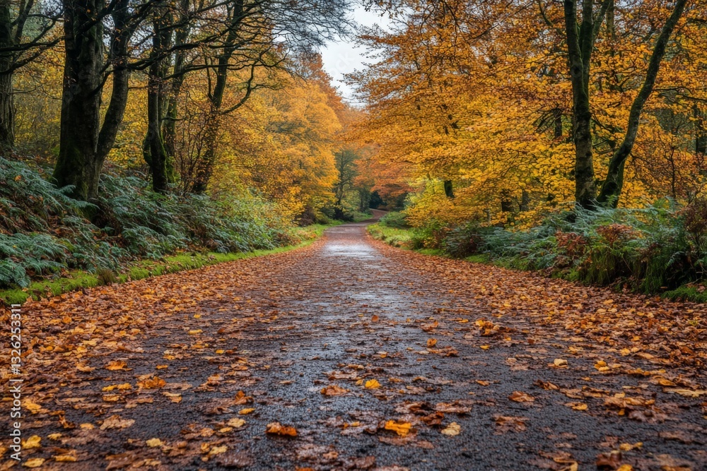 Naklejka premium Beautiful autumn pathway surrounded by vibrant foliage in a serene forest setting