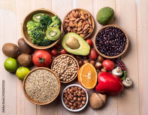 Balanced Vegan Diet for Lowering Cholesterol Featuring Nuts, Proteins, Plant Sterols, Fiber, Beans, Legumes, Vegetables, and Fruits photo