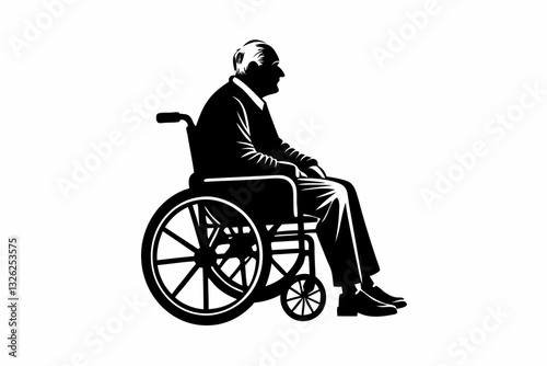 elderly man sitting in a wheelchair line art silhouette vector illustration