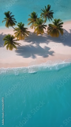 Bright Turquoise Water Gently Reflects Palm Tree Shadows on a Serene Beach Du...