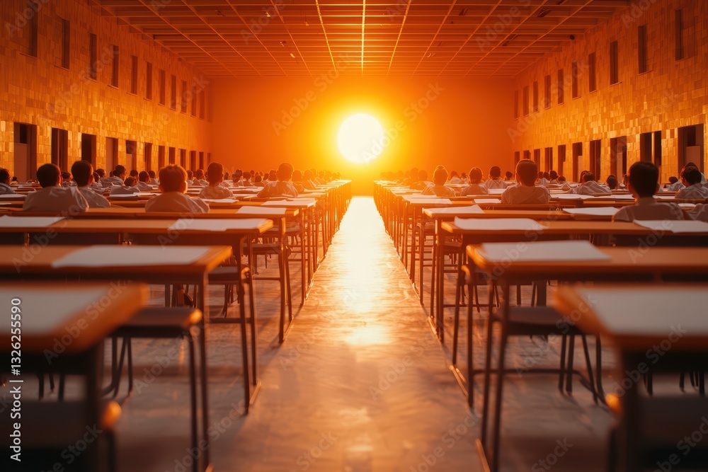Naklejka premium Dramatic Sunset Over Empty Classroom Evoking Themes of Education and Reflection