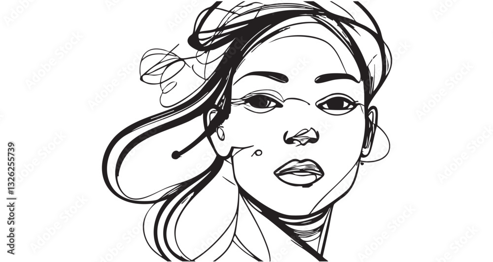 Silhouette sketch female portrait. Abstract Line Art Drawing Silhouette sketch female portrait. Abstract Line Art Drawing