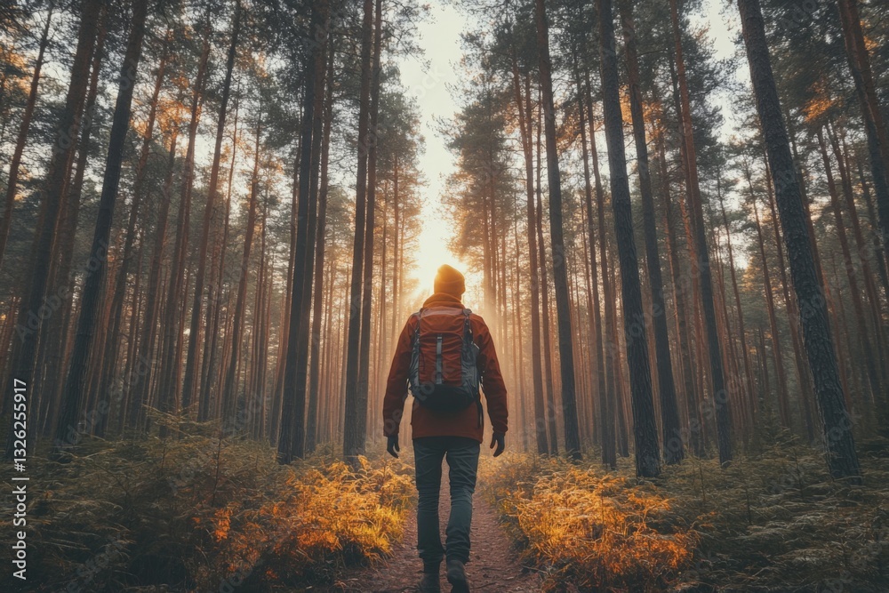 Hiker explores a sunlit forest trail during golden hour, surrounded by tall trees and vibrant underbrush Hiker explores a sunlit forest trail during golden hour, surrounded by tall trees and vibrant underbrush