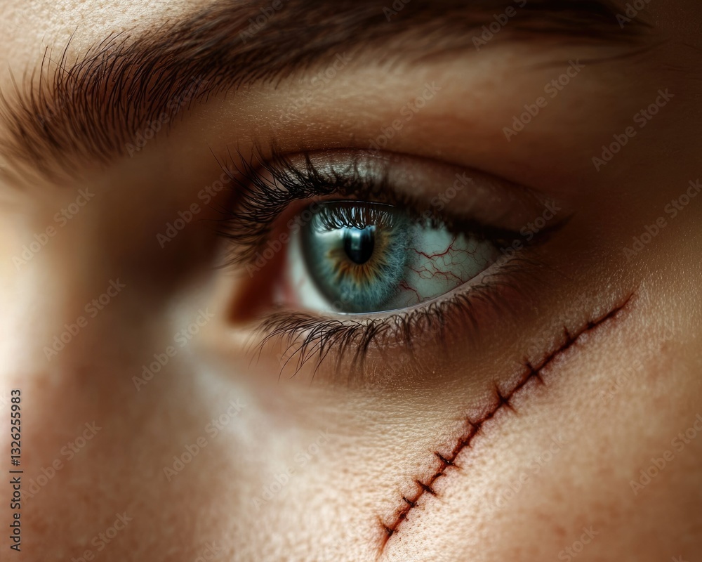 Obraz premium Close-Up of a Girl's Face with Prominent Scar Near the Eye, Highlighting Skin Concerns in Cosmetology