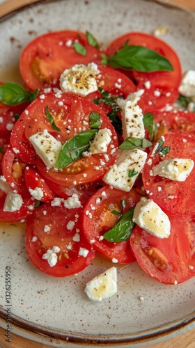 Fresh Salad With Tomatoes and Cheese Garnished With Herbs on a Marble Countertop