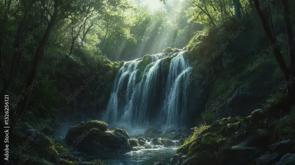 Fototapeta premium Breathtaking waterfall flowing amidst a lush green forest landscape in nature s splendor
