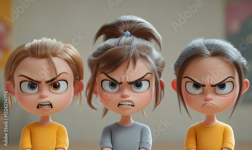 three cartoon characters displaying expressions of anger and frustration