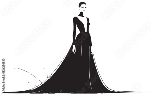 Evening cocktail black dress. Woman clothing. Silhouette sketch