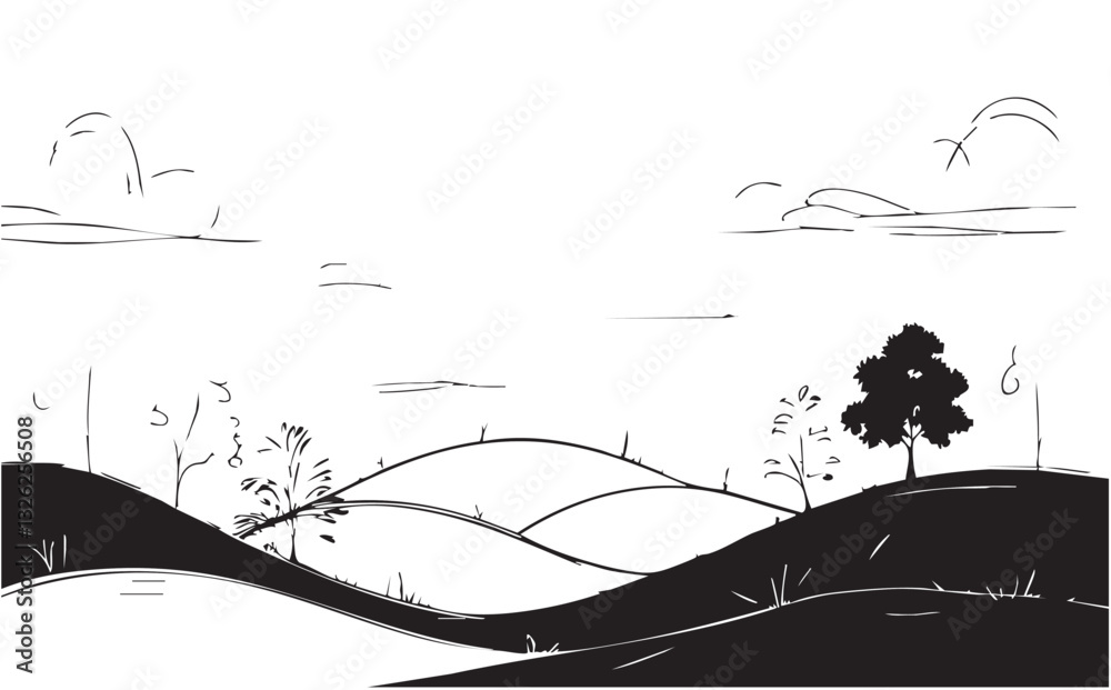 Fototapeta premium Black white landscape sketch illustration vector
