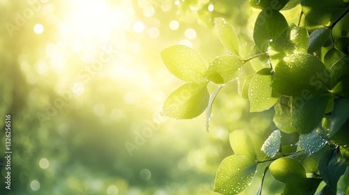 Sunlit fresh green leaves adorned with glistening water droplets in nature s splendor