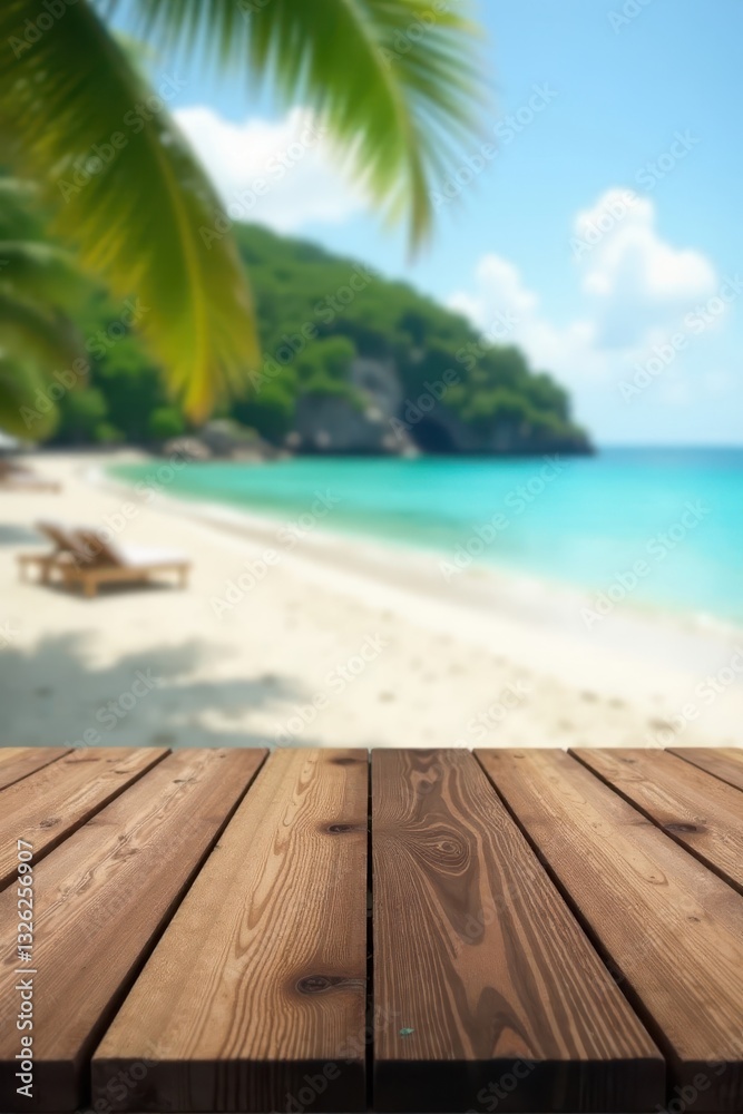 Fototapeta premium Rustic wood tabletop over blurred beach scene, sky, horizon