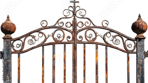 Eerie Wrought Iron Gate: An Artistic Reflection of Old Rusty Cemetery Entrances on a Clean White Canvas