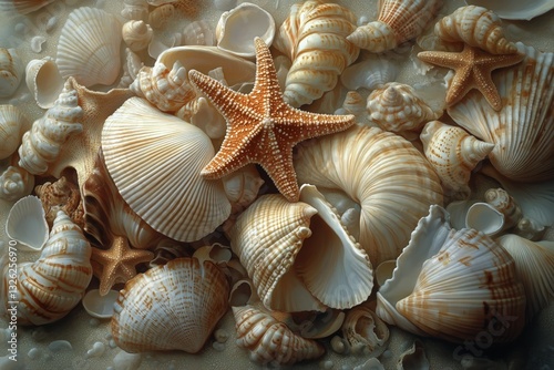 Beautiful Collection of Seashells and Starfish on Sandy Surface in Natural Se...
