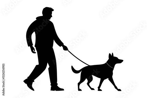 man walking with dog line art silhouette vector illustration