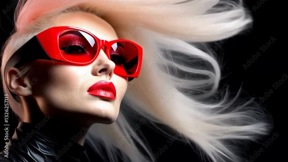 Stylish woman with flowing blonde hair wearing bold red sunglasses against a dramatic black background.
