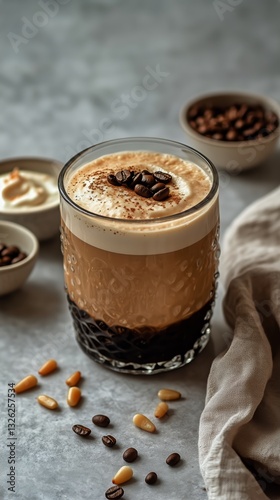 Creamy Coffee Drink Garnished With Roasted Beans on a Textured Background