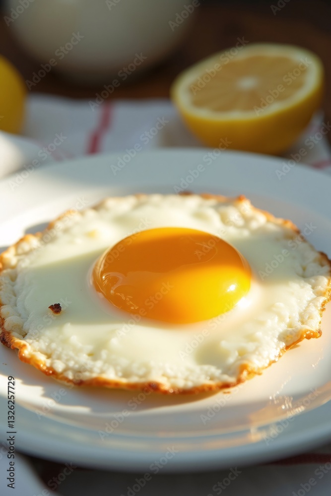 Breakfast plate with fried egg and lemon slice on white tablecloth Breakfast plate with fried egg and lemon slice on white tablecloth