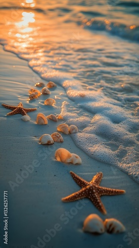 Seashells and Starfish on Sandy Beach With Gentle Ocean Waves During Sunset