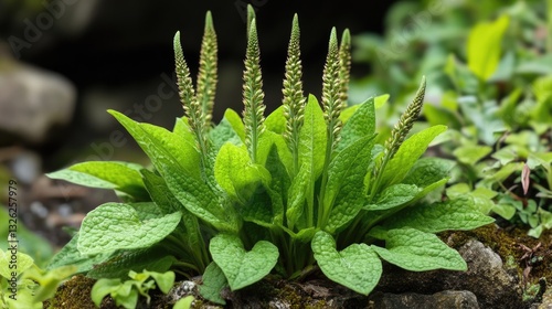 Broadleaf Plantain Green Plant in Garden Background. Closeup of Plantago Major Foliage
