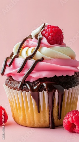 Delicious Raspberry Topped Cupcake With Vibrant Pink Frosting and Chocolate D...