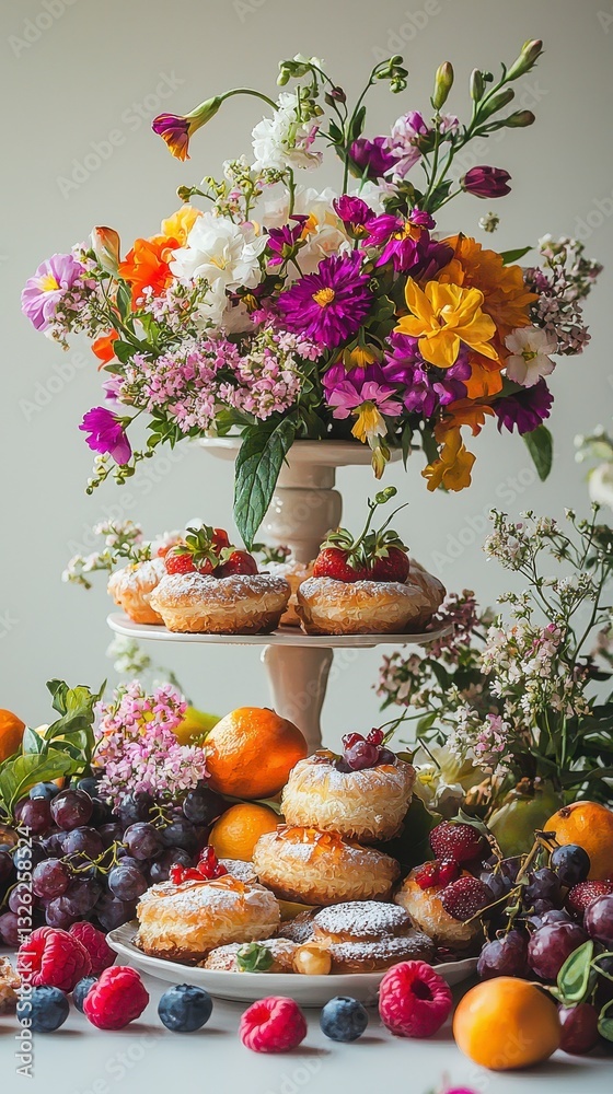 Charming cake stand with an assortment of fresh flowers and colorful fruits creating an elegant brunch display Charming cake stand with an assortment of fresh flowers and colorful fruits creating an elegant brunch display