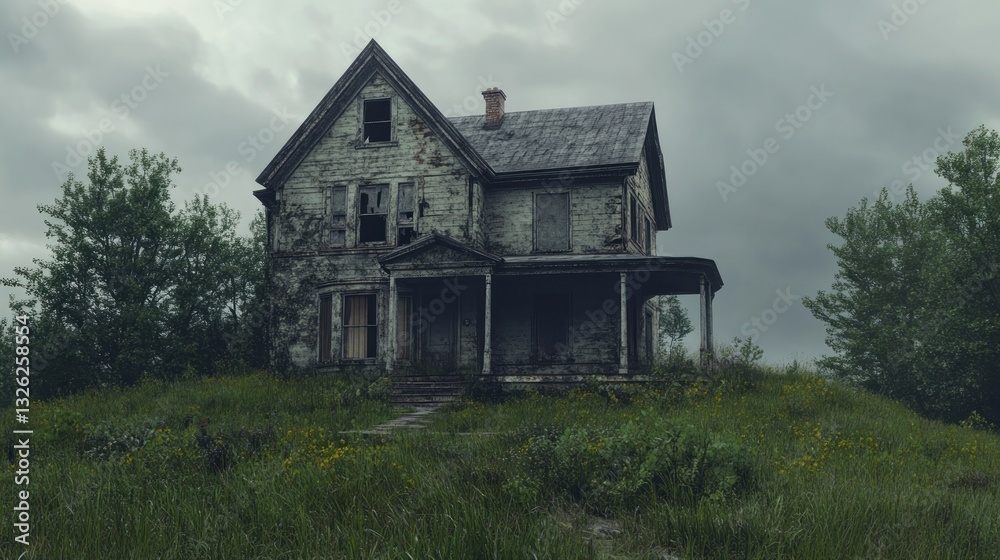 Abandoned House in Overgrown Field Under Cloudy Sky Weathered Facade Creepy Atmosphere Rural Abandoned House in Overgrown Field Under Cloudy Sky Weathered Facade Creepy Atmosphere Rural