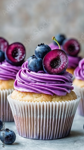 Delicious Cupcakes Adorned With Purple Frosting and Fresh Berries on a Light ...